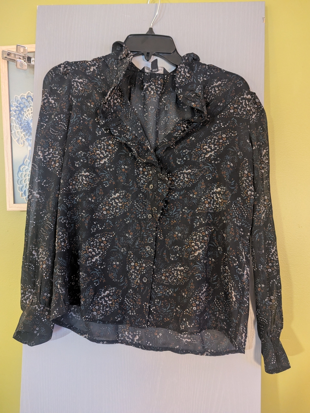Banana Republic Sheer Black Floral Ruffle-Trim Button Blouse
